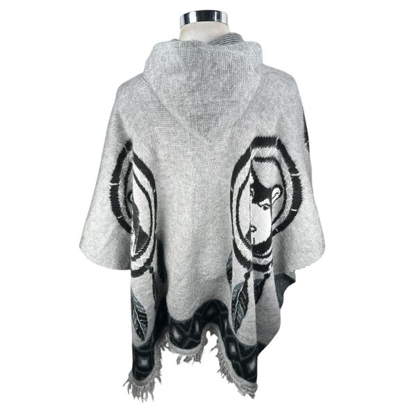 Tejidos Ruminahui Wolf Dreamcatcher Alpaca Wool Poncho Hoodie Mens XL Gray Black - Picture 5 of 9